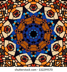 Intricate mandala: vibrant geometric pattern radiates harmony and balance, showcasing detailed craftsmanship with rich hues of brown, blue, orange, and cream. Central black circle anchors layered shapes that create visual depth through alternating forms and colours. Meticulous arrangement features circular and petal-like elements, generating symmetry and tactile quality perfect for creative applications. Warm orange and red tones form lively outer frame, contrasting cooler blue and brown shades within inner layers. Energetic yet calming atmosphere suits wellness, meditation, or spiritual themes, with square composition emphasizing balance. This illustration serves textile, home decor, and surface pattern needs, ideal for digital downloads, art prints, and design innovation in packaging and branding.