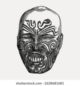Intricate Maori face tattoo illustration. Detailed Maori tattoo art with swirling patterns. Traditional Maori design showcasing cultural tattoo artistry. Vintage illustration vector.