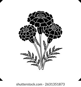 Intricate Marigold Flower silhouette vector - Blooms with Detailed Petals, Textured Shading, Elegant Leaves and Slender Stems