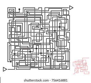 Intricate maze game, labyrinth with overlapping lines. Solution included.