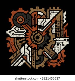 Intricate mechanical gears arranged in a complex industrial pattern design
