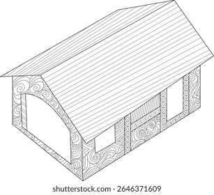 Intricate Medieval House Line Art with Abstract Patterns. Detailed Black and White Illustration for Coloring Books and Design.