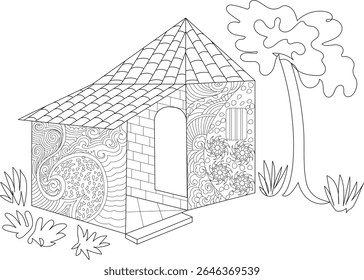 Intricate Medieval Style House with Ornate Patterns and Tiled Roof, Ideal for Adult Coloring Books, Relaxation, and Creative Artistic Projects - Line Art Illustration for Digital and Print Use.