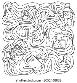 Intricate meditative science coloring book, school and science supplies between tangled lines vector illustration