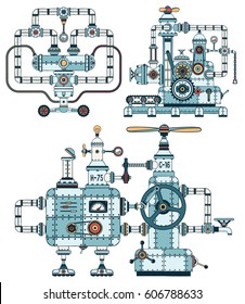 Intricate metal machines with pipes, mechanisms, technical elements in steampunk style. Details are grouped separately, so that the structures can be disassembled and assembled differently.