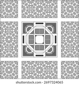 Intricate modular Islamic geometric vector pattern set. Arabesque design with detailed square central frame.