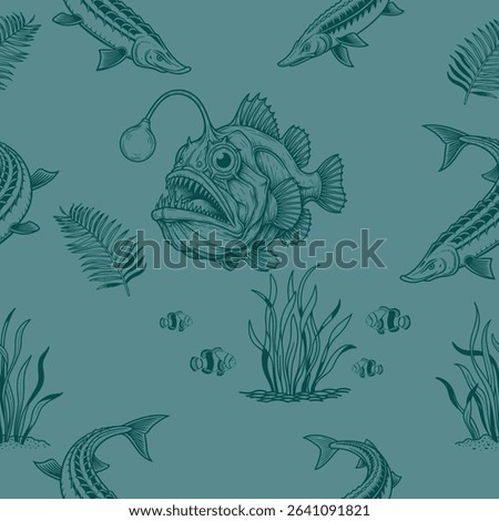 An intricate, monochromatic vector pattern showcasing a menacing anglerfish amidst an aquatic tableau of diverse marine life and botanical elements