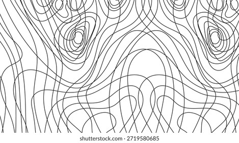 Un intrincado patrón abstracto monocromo presenta numerosas líneas negras, fluidas y onduladas que se entrelazan y se superponen contra un fondo blanco limpio creando Formas orgánicas y una sensación de dinámica