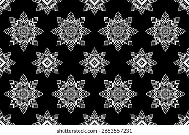 Intricate monochrome black and white seamless pattern featuring detailed pixelated mandala-like floral motifs. Ideal for sophisticated textiles, modern fashion, and elegant digital backgrounds. fabric