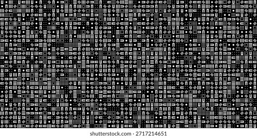 Kompliziertes monochromes digitales Muster mit einer dichten Reihe von grauen und weißen pixeligen Quadraten und geometrischen Symbolen auf dunkelschwarzem Hintergrund