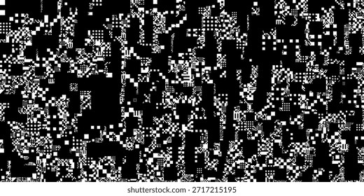 Kompliziertes einfarbiges digitales Muster mit einer chaotischen Anordnung von weißen, pixeligen Glyphen und geometrischen Symbolen, dicht gepackt auf schwarzem Hintergrund