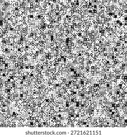 An intricate monochrome digital pattern featuring a highly dense and complex mosaic of black pixelated glyphs, geometric shapes, and micro-symbols on a stark white background.