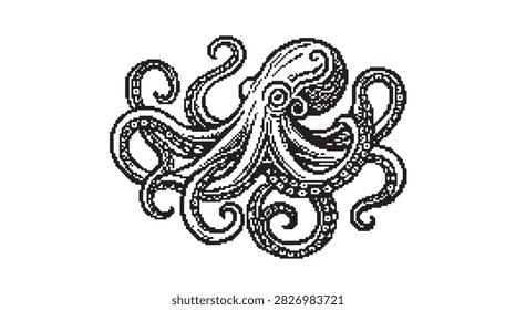 An intricate monochrome drawing of an octopus, showcasing its eight long, curling tentacles and suction cups, rendered with fine lines and shading.