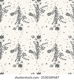 Intricate monochrome floral pattern featuring hand-drawn tulips and leaves in Scandinavian folk style. Delicate grey and black motifs flow harmoniously for a whimsical, elegant look.