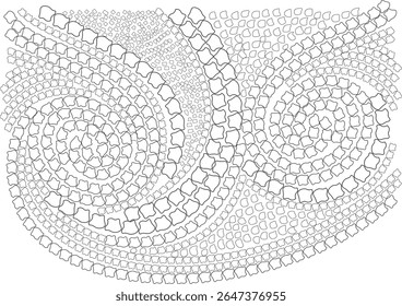 Padrão monocromático intrincado de arte de linhas com formas de mosaico abstrato organizadas em formações dinâmicas onduladas e em espiral, ideal para fundos, elementos de design, têxteis ou páginas de coloração.