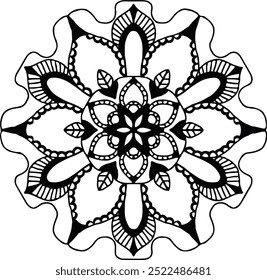 An intricate monochrome mandala that embodies balance and serenity through its detailed and symmetrical patterns.