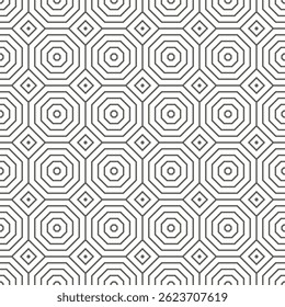  El patrón geométrico monocromático inconsútil presenta octógonos anidados y cuadrados Pequeños para el diseño de arte moderno.