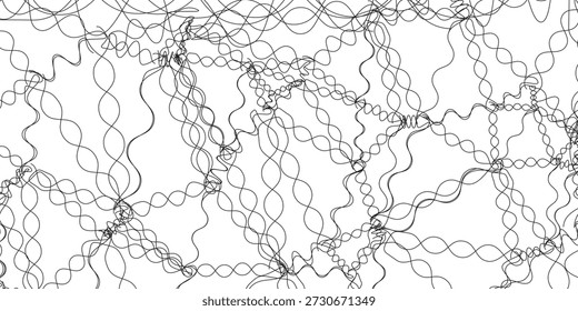 Um intrincado padrão monocromático sem costura de linhas pretas desenhadas à mão, entrelaçando e sobrepondo-se em um fundo branco. Ele cria uma textura abstrata complexa com segmentos ondulados e enrolados, formando um visual dinâmico.