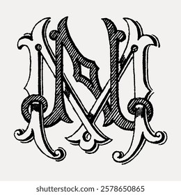 Intricate monogram design with ornate letters 'M' and 'N'. Decorative monogram features elegant curves and lines. Classic monogram style with artistic flair. Vintage black font isolated, vector.