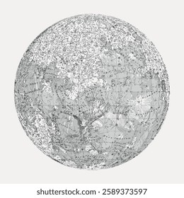 Intricate moon map illustration with detailed lunar features. Moon map shows craters and seas. Vintage-style moon map, perfect for astronomy enthusiasts. Vintage illustration isolated, vector.