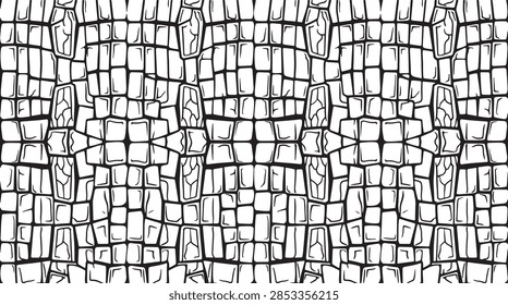 Intricate mosaic pattern featuring interconnected irregular geometrical shapes in black and white.