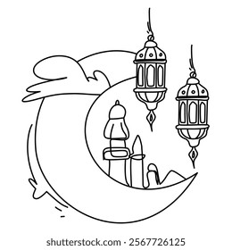 Intricate mosque and crescent moon line illustrations with hanging lanterns. Ideal for greeting cards, posters, and Islamic holiday decorations