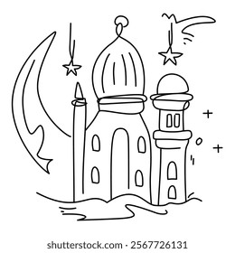 Intricate mosque and crescent moon line illustrations with hanging lanterns. Ideal for greeting cards, posters, and Islamic holiday decorations