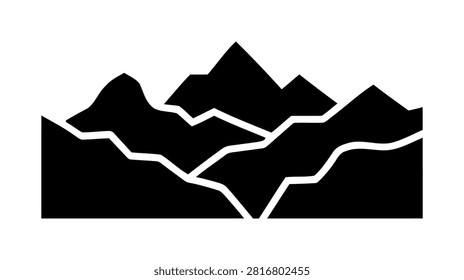 Intricate mountain landscape graphic showcasing multiple layers of jagged peaks and deep valleys. This stylized representation of wild terrain uses sharp geometric angles to create depth and texture. Perfect for high altitude sport apparel, map illustrations, and rugged trail icons.