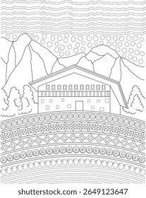 Intricate mountain scene coloring page with a charming house and abstract patterns, ideal for adults and children seeking a calming art activity.