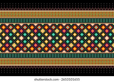 Intricate multi-color ethnic pixel border pattern with geometric diamonds in orange, pink, yellow, and teal. Ideal for tribal-inspired garment trims, decorative textile accents, and cultural designs. 