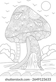 Página de coloração de casa de cogumelos intrincados para adultos e crianças. Fantasia Detalhada Toadstool Habitação com Zen Padrões, Pássaros, e Elementos da Natureza para Relaxamento e Criatividade.
