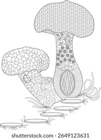 Intrincado Cogumelo Casa Zen Doodle Colorir Página com elementos de fantasia e Stepping Stones. Ilustração detalhada da arte da linha preta e branca para relaxamento e atividade criativa.