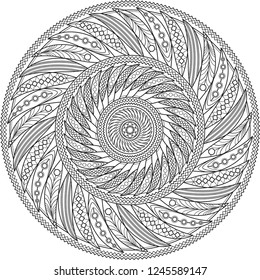 An intricate, Native American inspired mandala illustration with swirling patterns of multiple feathers. Perfect for a fun coloring project or tattoo design.