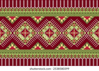 Intricate Native American-Inspired Christmas Pattern with Symmetrical Diamond Motifs, Chevron Stripes, and Festive Green, Red, and Yellow Accents.