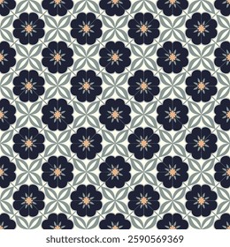Intricate Navy and Beige Ornamental Tile Seamless Pattern with Symmetric Details