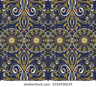 Intricate navy blue and gold damask pattern with detailed floral motifs.