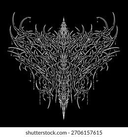 Intrincado sigil de metal neotribal com linhas simétricas afiadas, estética escura para t-shirt, adesivo, merch, ou arte do álbum