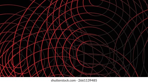 Rede intrincada de linhas vermelhas curvas e cinza escuro em um plano de fundo preto, criando um padrão dinâmico e visualmente complexo.