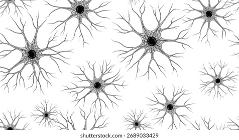 Uma intrincada rede de neurônios em forma de estrela e seus dendritos ramificados observados de cima.