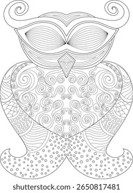Intricate Night Owl Illustration with Zentangle-Inspired Patterns. Perfect for Adult Coloring Books, Mindfulness, Stress Relief, and Artistic Expression. Detailed Doodle Art.