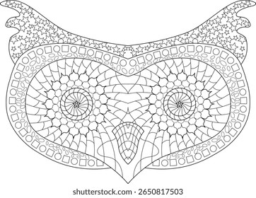 Página de coloração de Mandala de coruja de noite intrincada para relaxamento e alívio do estresse. Ilustração detalhada do vetor da arte da linha para livros de colorir adultos, passatempos criativos, e atividades conscientes.
