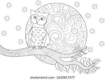 Intricate Night Owl Perched on a Decorative Branch Against a Swirling Moon and Starry Sky, Perfect for Mindful Adult Coloring Book Pages, Relaxation, and Creative Expression.