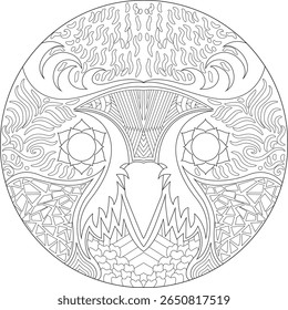 Ilustração de arte de linha de Mandala para livros de colorir adultos, meditação, relaxamento e desenhos de arte zen. Símbolo de Coruja Abstrata Detalhado em um Padrão Circular.