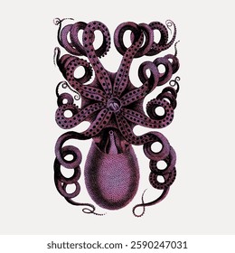 Intricate octopus illustration with swirling tentacles. Detailed octopus design in purple tones. Octopus art with complex tentacle patterns. Vintage octopus drawing. Vintage marine life vector.