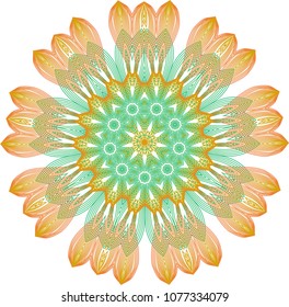 Intricate orange and green guilloche flower rosette with overlapping layers emulating a moire effect.