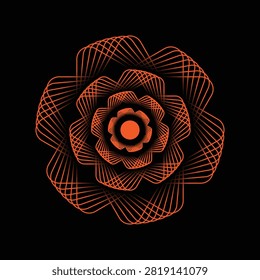 Intricate orange linear abstract flower shape with mesmerizing symmetry against a dark void. Symbolizing growth and complexity, ideal for modern design.