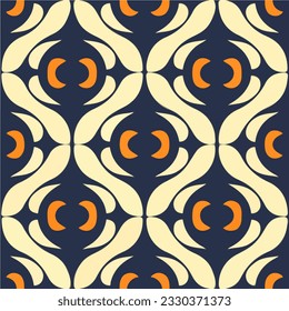 Intricate orange and white art deco pattern set against a vibrant blue background, reminiscent of both art nouveau and repeating fabric designs.