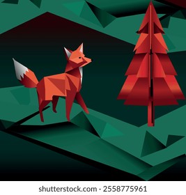 Intricate Origami Fox, Holiday Illustration, Dark Background Art, Green to Red Gradient, Festive Gradient Colors, Origami-Inspired Christmas, Christmas Origami Graphic, Geometric Fox Design, 