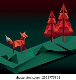 Intricate Origami Fox, Holiday Illustration, Dark Background Art, Green to Red Gradient, Festive Gradient Colors, Origami-Inspired Christmas, Christmas Origami Graphic, Geometric Fox Design, 