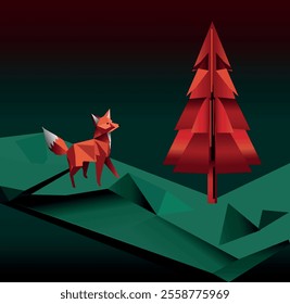 Intricate Origami Fox, Holiday Illustration, Dark Background Art, Green to Red Gradient, Festive Gradient Colors, Origami-Inspired Christmas, Christmas Origami Graphic, Geometric Fox Design, 